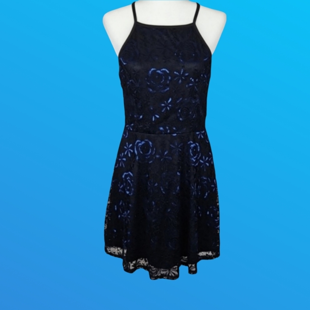 Whimsigoth Charlotte Russe Rose Lace High Neck Dress in Black and Blue, L